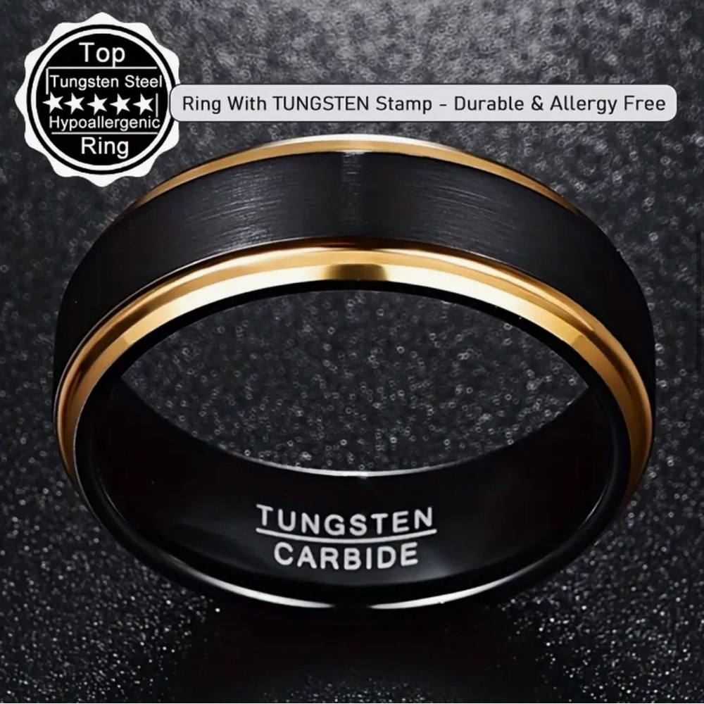 Tungsten Carbide Steel Black and Gold Men's Wedding Engagement Proposal Ring